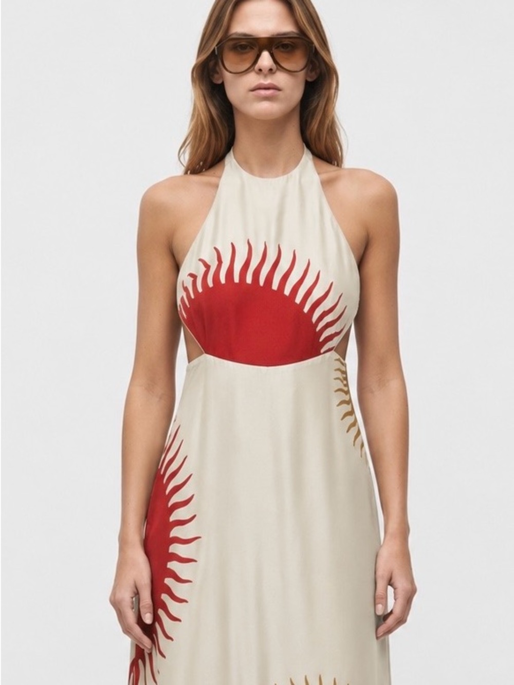 Osklen Off white Halter Maxi Dress with Rust Red & Gold Sunburst Motif - Small